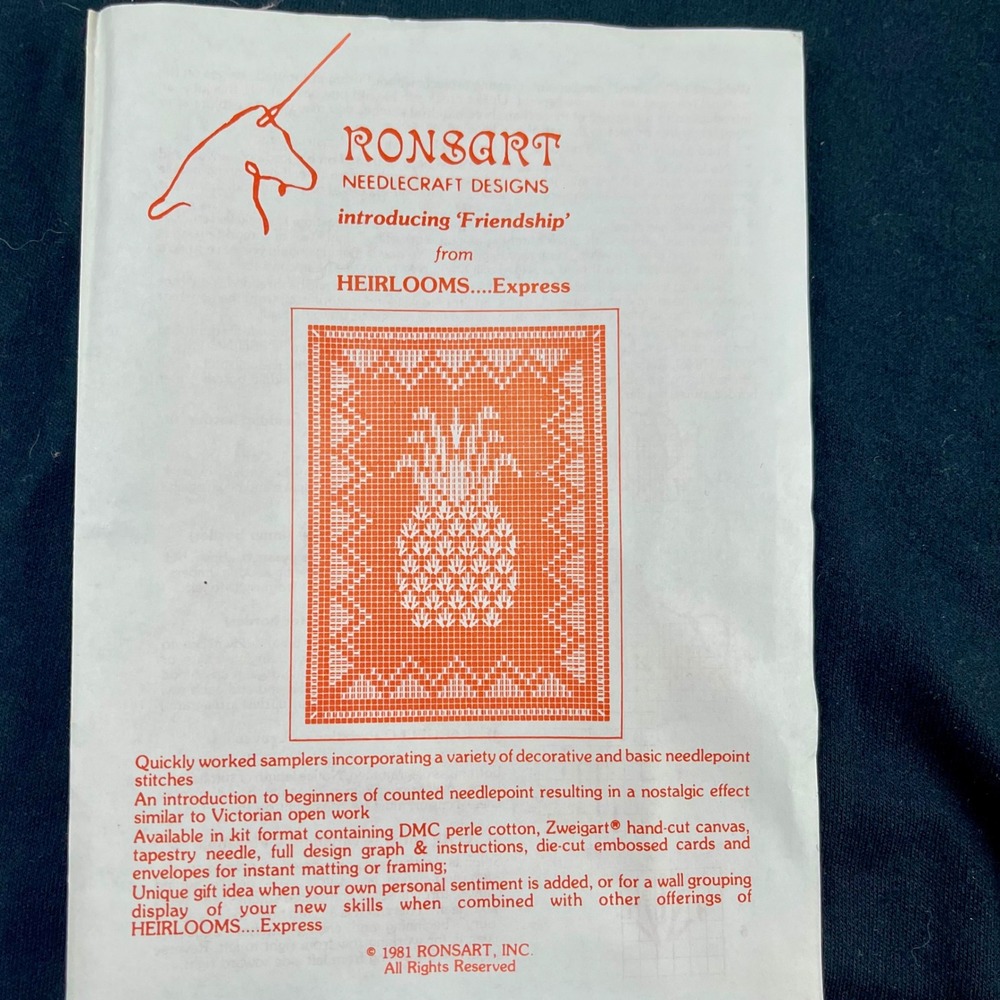 Vintage 1981 Ronsart Friendship‎ Pineapple Needlepoint Kit Partially Started